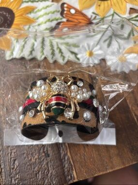 Gold Bee Cuff Bracelet with Pearl & Leopard Accent in Red and Green